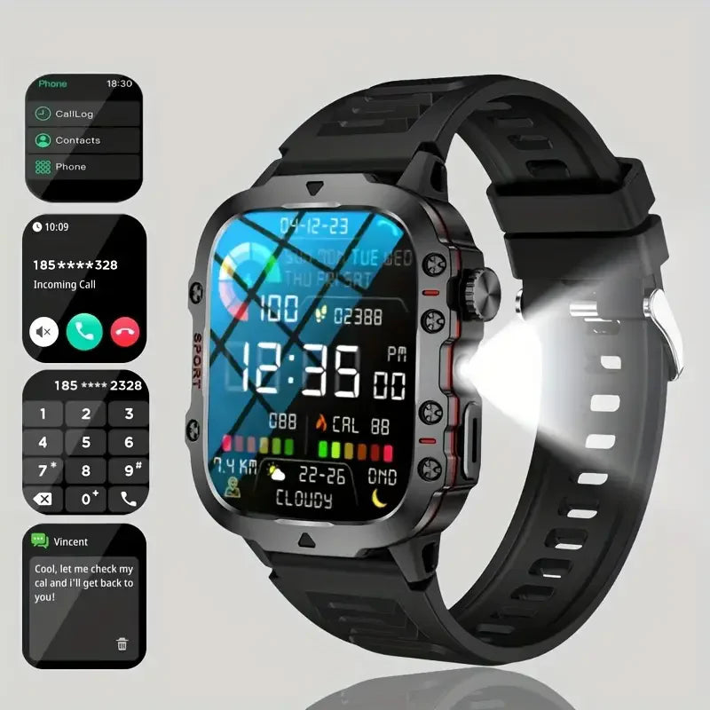 2026 Rugged Military Smart Watch Men's Outdoor Watch LED Flashlight 1.81'' HD Touch Screen Voice Bluetooth Call Smartwatch Gifts