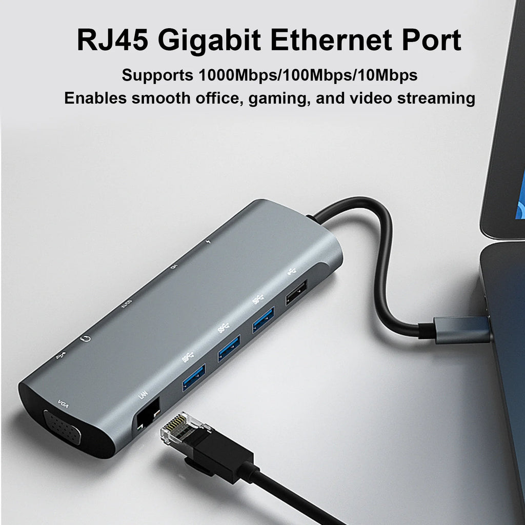 12-In-1 Hub Docking Station Type C to PD HD VGA USB3.0*3 USB2.0 RJ45 Card Reader Headphone Type C/M Docking Station