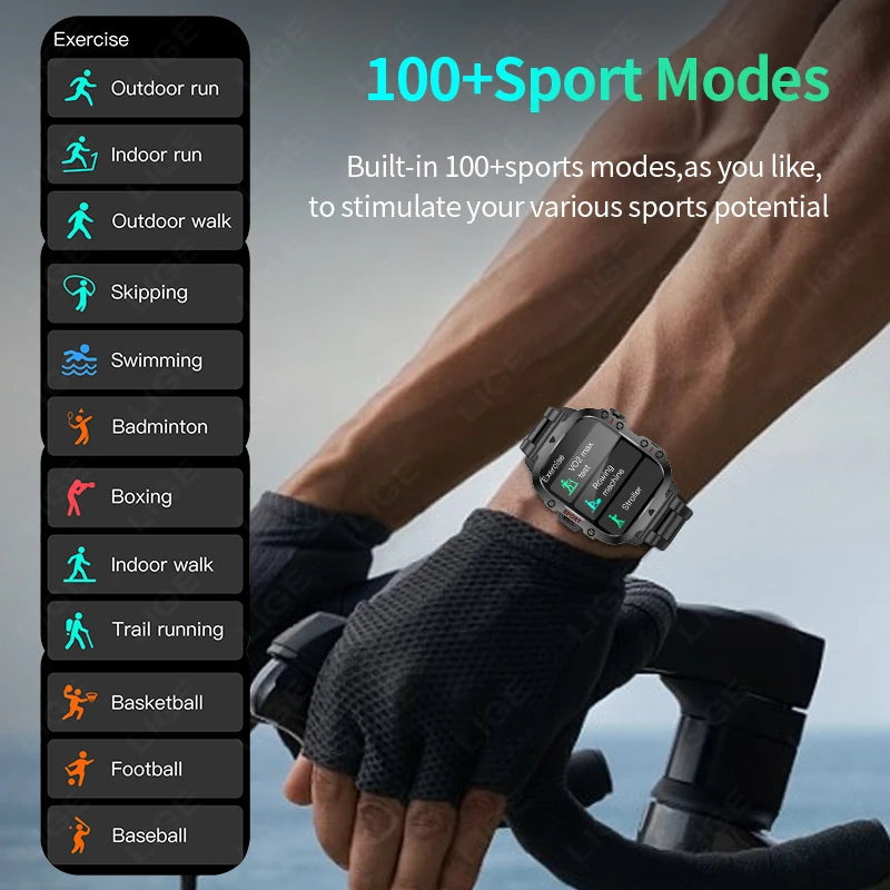 LIGE Military Smart Watch Men Outdoor Sports 3ATM Waterproof  Blood Oxygen Bluetooth Call Watches Men Smartwatch For Android New