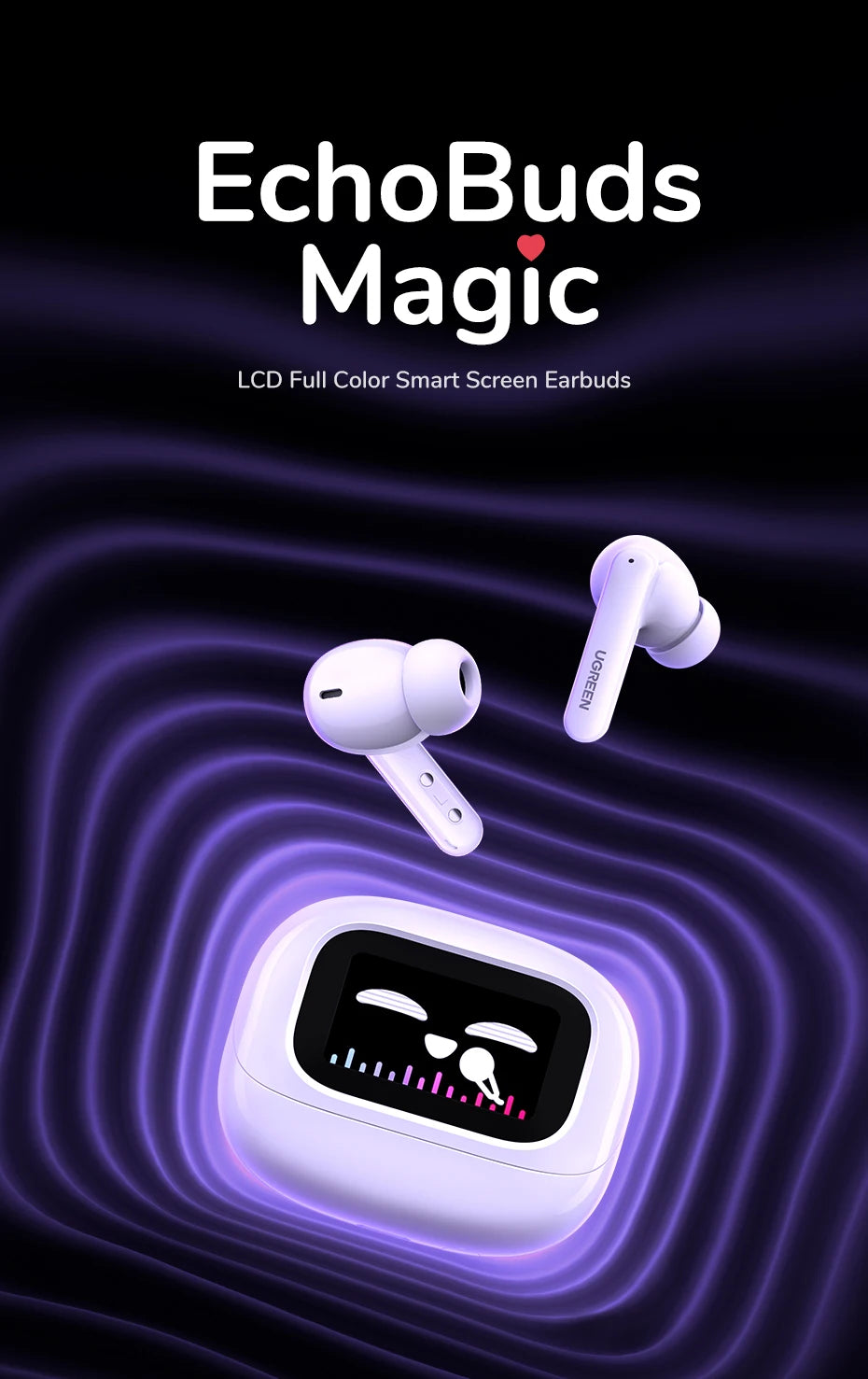 LCD Full Color Smart Screen Wireless TWS Bluetooth Earphones Earbuds 52dB Active Noise Cancelling ANC In Ear Headphones