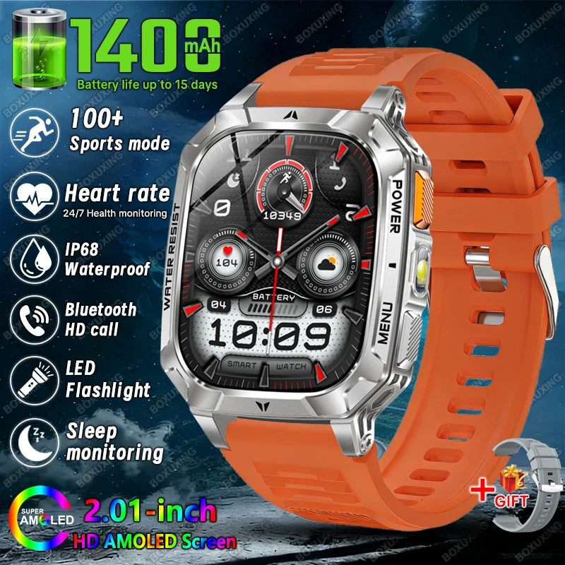 Rugged Military 1400mAh Battery Smart Watch Fitness Tracking IP68 Waterproof Tactical Sports Flashlight 2026 New Men Smartwatch