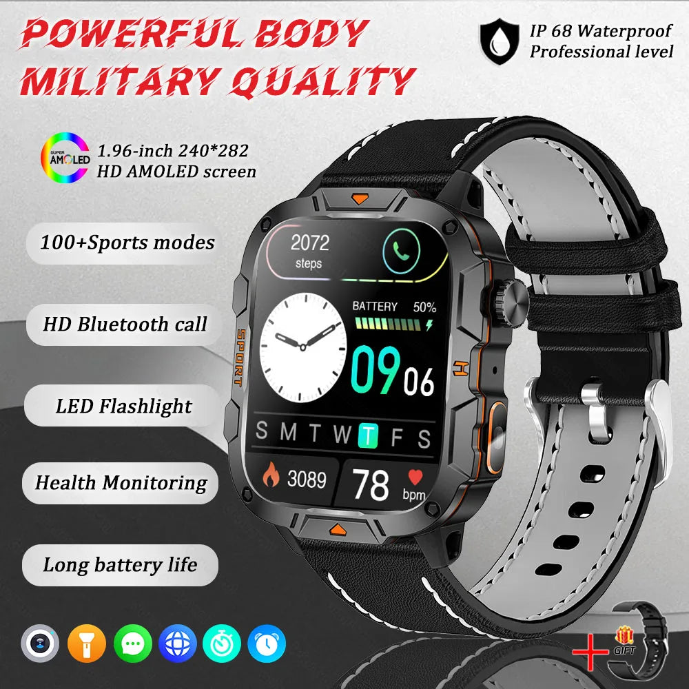 2026 New Rugged Smart Watch Men 1.96" AMOLED BT Call 5ATM Waterproof GPS Heart Rate Monitor LED Flashlight Military Sports Watch