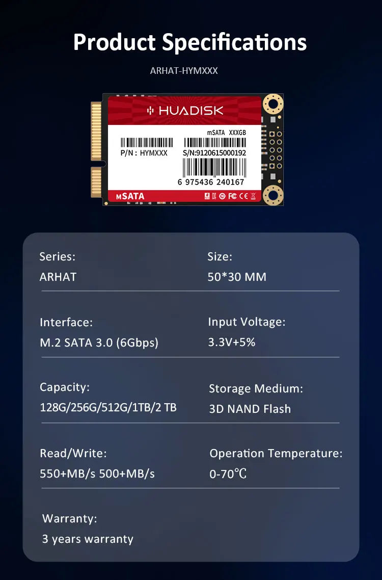 HUADISK Internal Solid State Drive MINI SATA3.0 128GB 256GB 512GB 1TB MSATA SSD Solid State Hard Drive For Desktop