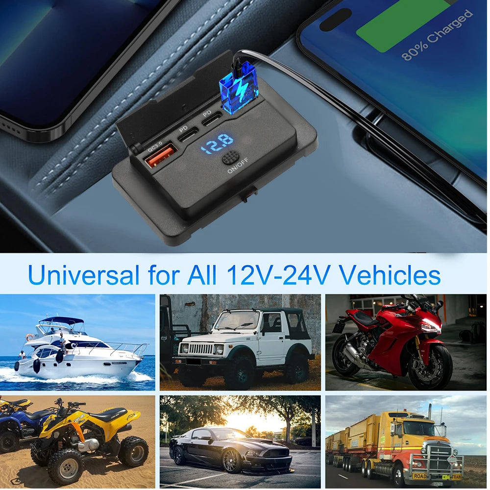 Dual PD Dual QC 3.0 USB Car Charger 12V RV USB Outlet Panel 108W Fast Charge Socket with Switch & Voltmeter for Boat Motorcycle