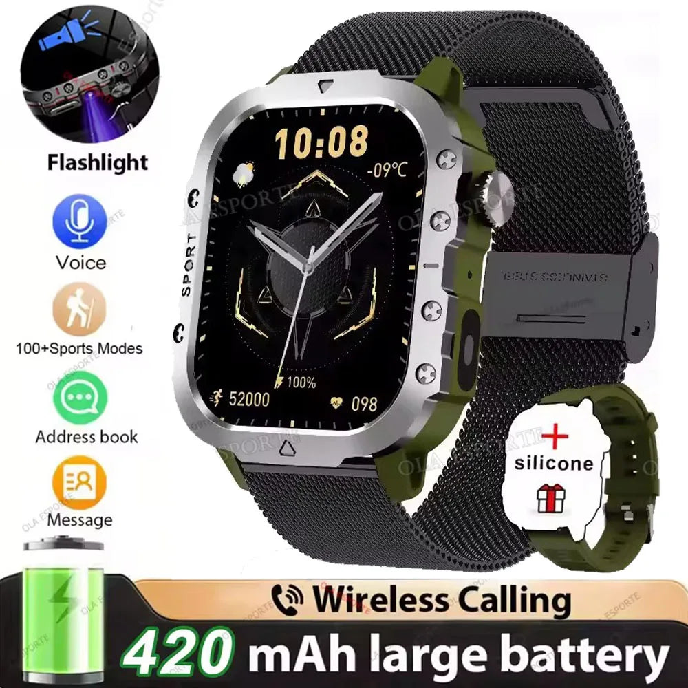 Military Outdoor Smart Watch Men’s GPS Tracking Flashlight Bluetooth Call 2.01" AMOLED Screen 5ATM Waterproof Sports Smartwatch