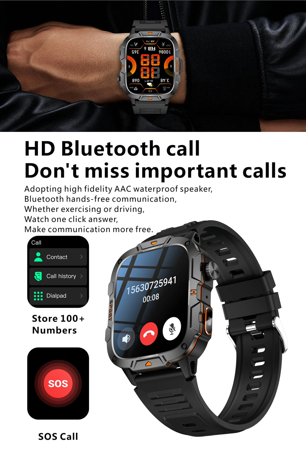 2025 New Military Grade Smart Watch Men 1.96" AMOLED Screen 5ATM Waterproof Simming Sports Fitness Tracker BT Call Smartwatches