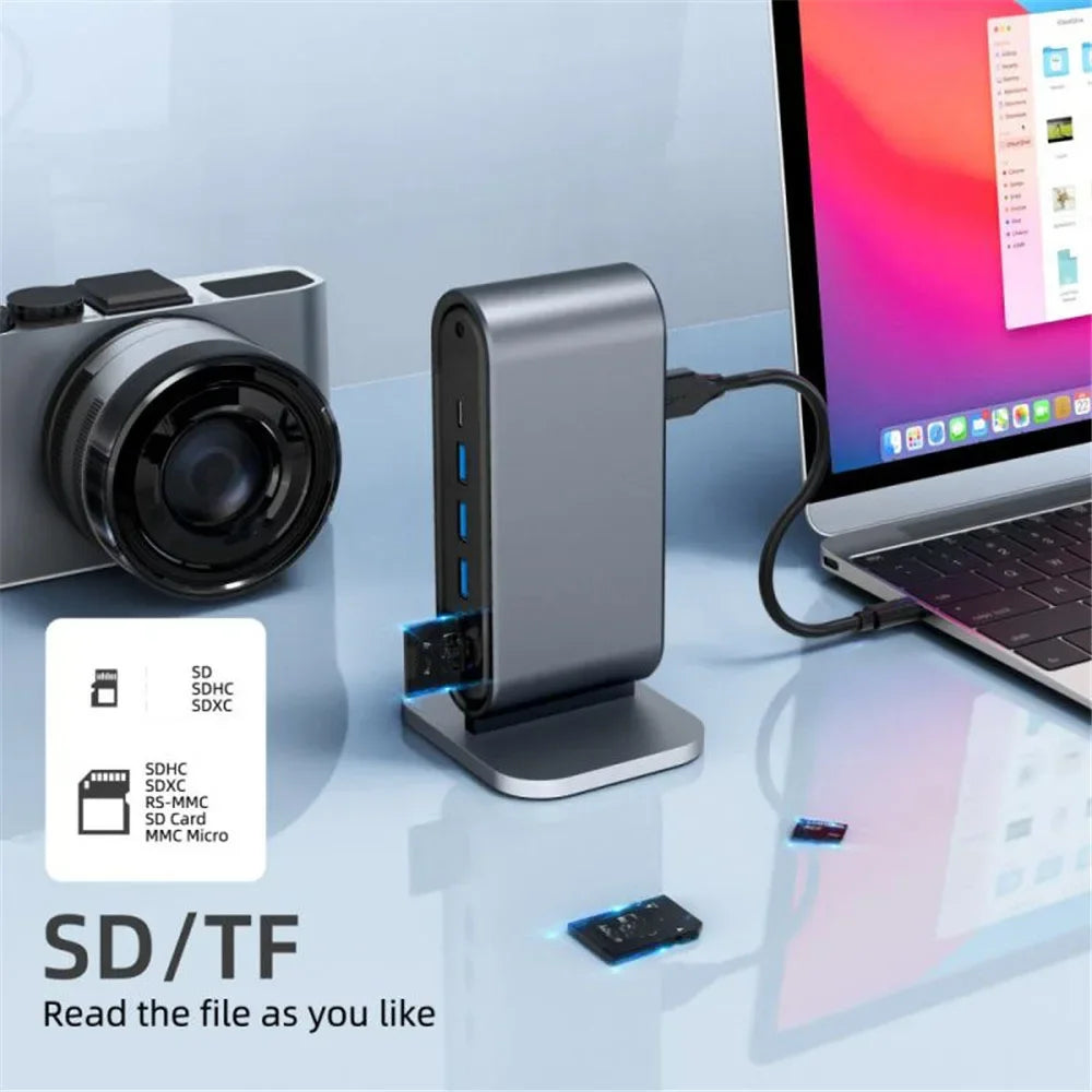 12-in-1 Vertical Docking Station USB C Docking Station TYPE C HUB USB Splitter HDMI 4K/LAN 100M/USB3.0 5Gbps/VGA 1080P/PD100W