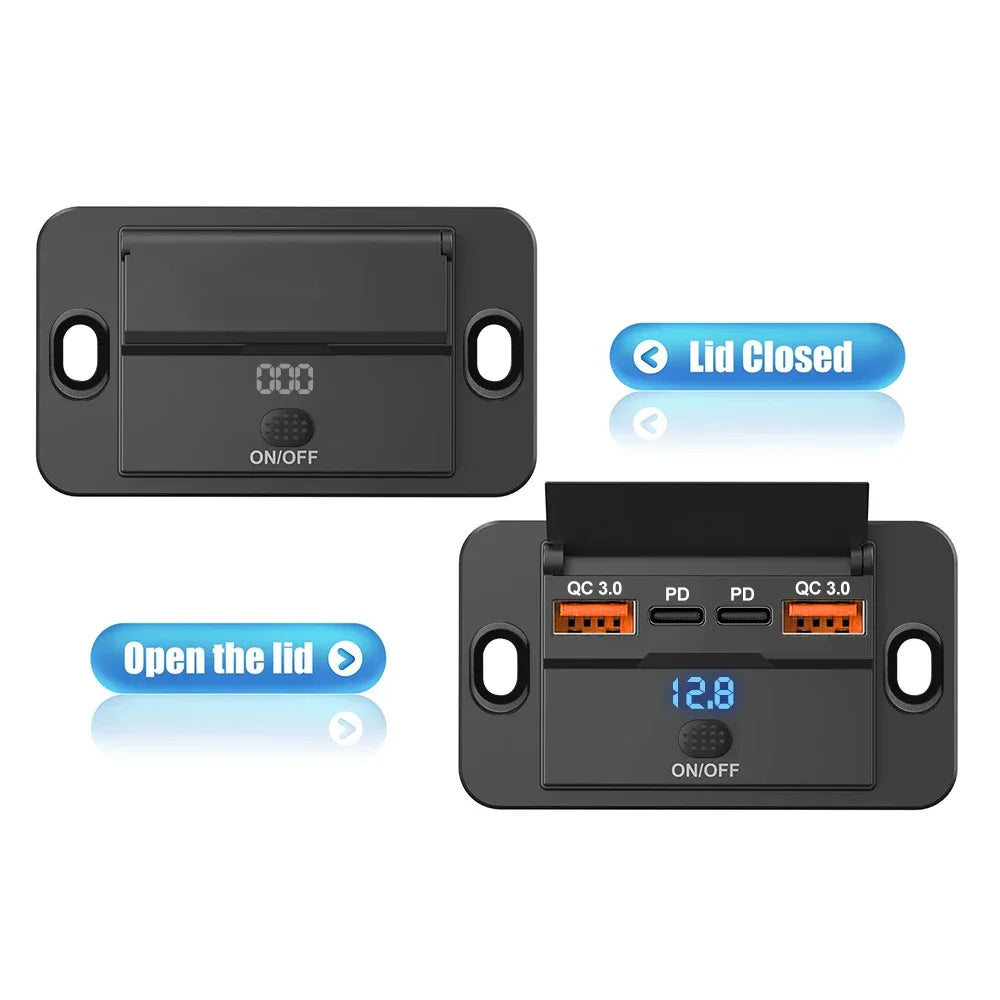 Dual PD Dual QC 3.0 USB Car Charger 12V RV USB Outlet Panel 108W Fast Charge Socket with Switch & Voltmeter for Boat Motorcycle
