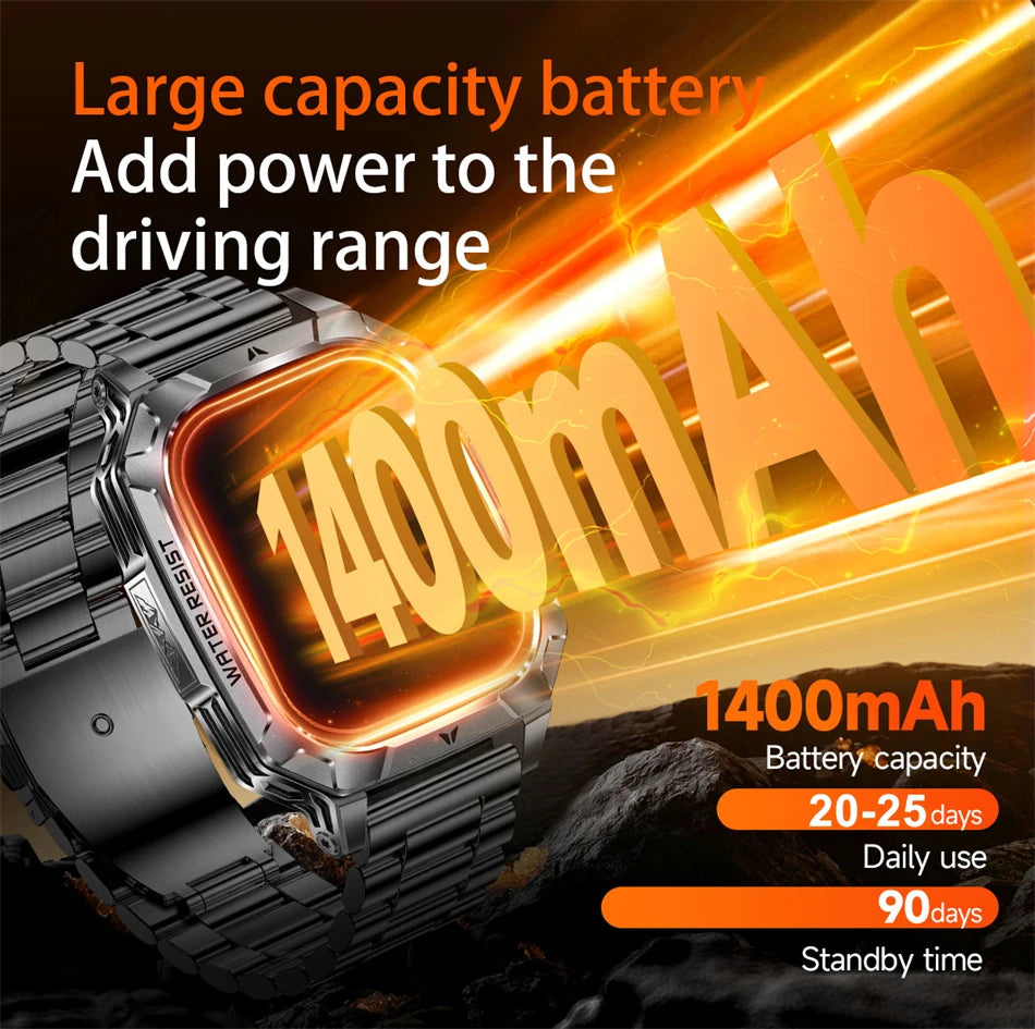 Rugged Military 1400mAh Battery Smart Watch Fitness Tracking IP68 Waterproof Tactical Sports Flashlight 2026 New Men Smartwatch