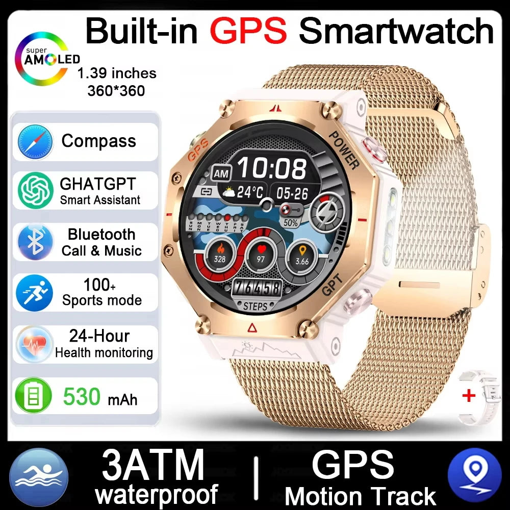 2026 NEW Military Outdoor GPS Sports Smart Watch Men 1.39" 5ATM Waterproof 530mAh ChatGPT AI Assistant Compass Smartwatch