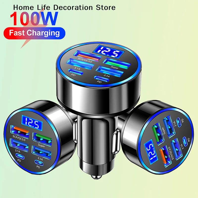 100W 6-Ports USB Type-C Car Charger With Voltage Display PD Fast Charging Power Adapter For Iphone Android Smart Phone Tablet
