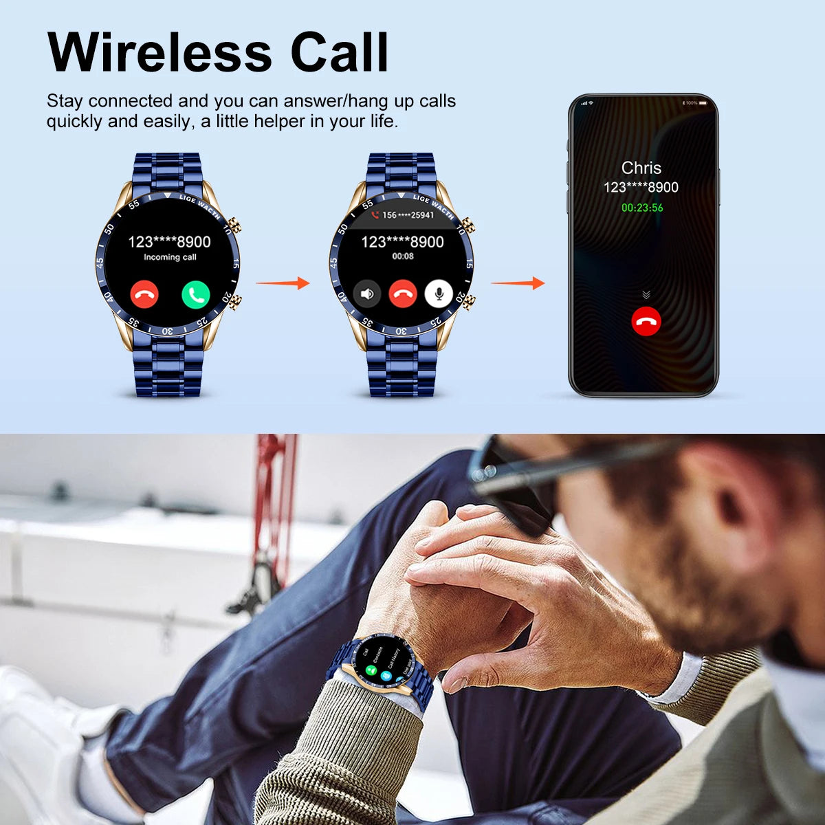 LIGE New Bluetooth Call Smart Watch Men Heart Rate Monitor Luxury Steel Sport Fitness Smartwatch IP67 Waterproof For Android iOS