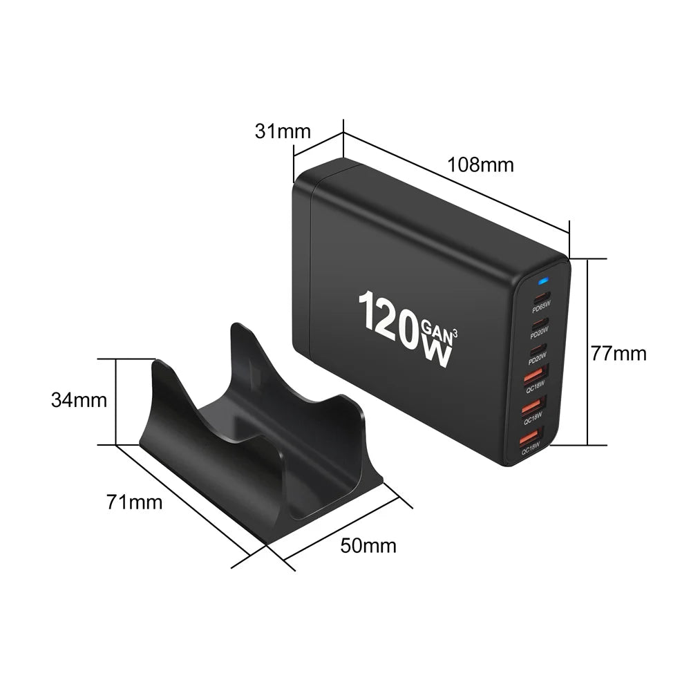 New Style 120W GaN Charger 6 Ports USB Type C PD Charger Quick Charge USB3.0 Type C Quick Charger Mobile Phone USB Charger
