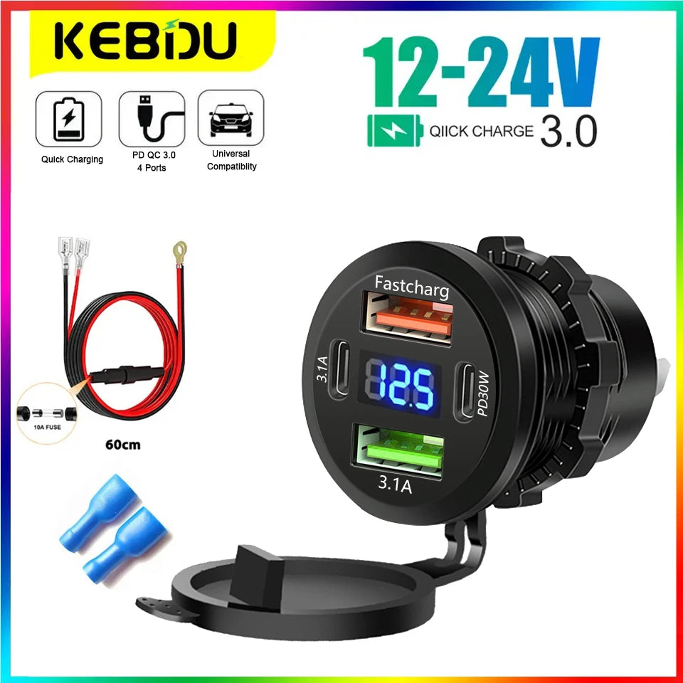86W 4-Ports USB Charger with LED Voltmeter Dual PD & Dual QC3.0 Fast Charging Adapter Waterproof For 12/24V Car Boat Motorcycle