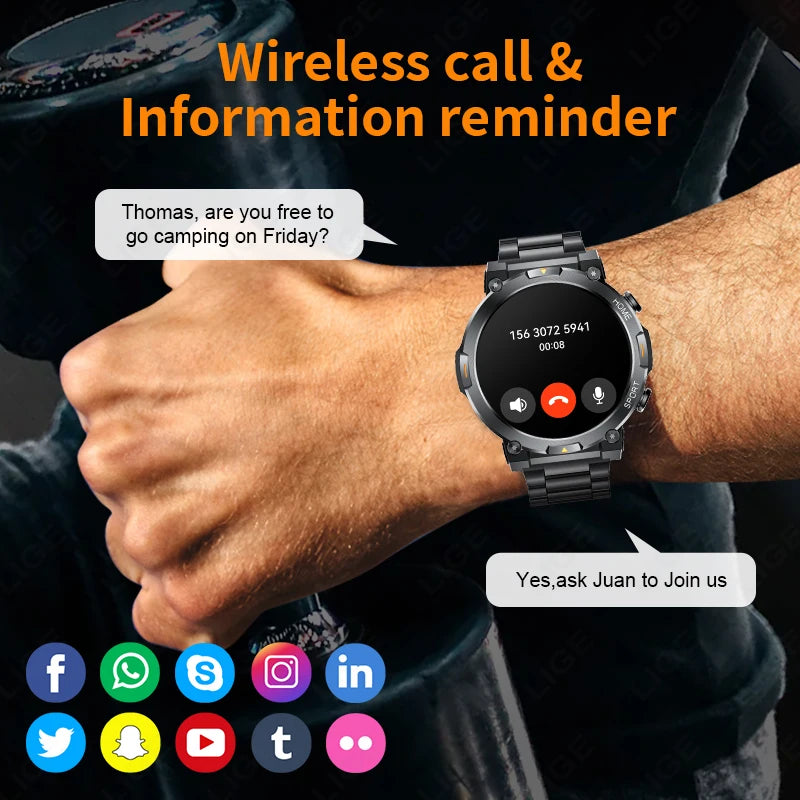 LIGE Smart Watches Men's Rugged Military Bluetooth Call IP68 Waterproof Sports Fitness Outdoor Health Smartwatch For Android IOS