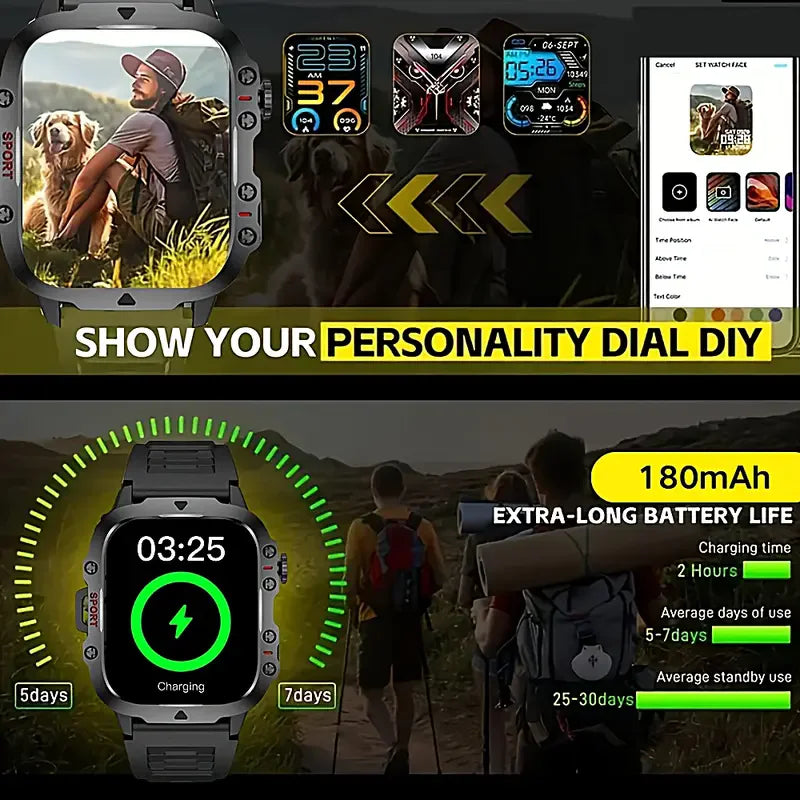 2026 Rugged Military Smart Watch Men's Outdoor Watch LED Flashlight 1.81'' HD Touch Screen Voice Bluetooth Call Smartwatch Gifts