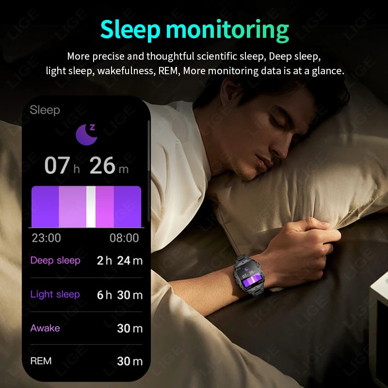 LIGE Military Smart Watch Men Outdoor Sports 3ATM Waterproof  Blood Oxygen Bluetooth Call Watches Men Smartwatch For Android New