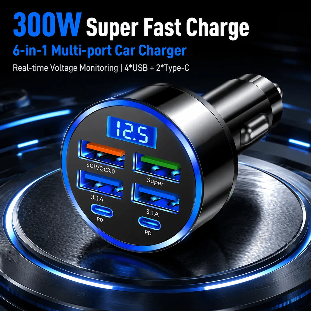 300W 6-Port Car Charger Dual Type-C PD QC3.0 Digital Display Fast Charging for Smartphones Tablets Power Banks Black