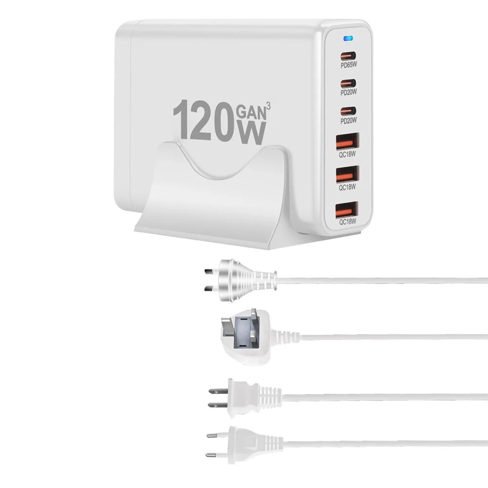New Style 120W GaN Charger 6 Ports USB Type C PD Charger Quick Charge USB3.0 Type C Quick Charger Mobile Phone USB Charger