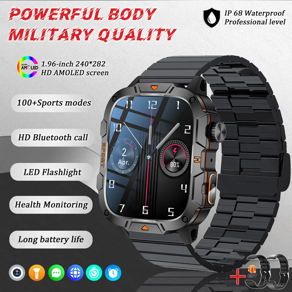 2026 New Rugged Smart Watch Men 1.96" AMOLED BT Call 5ATM Waterproof GPS Heart Rate Monitor LED Flashlight Military Sports Watch