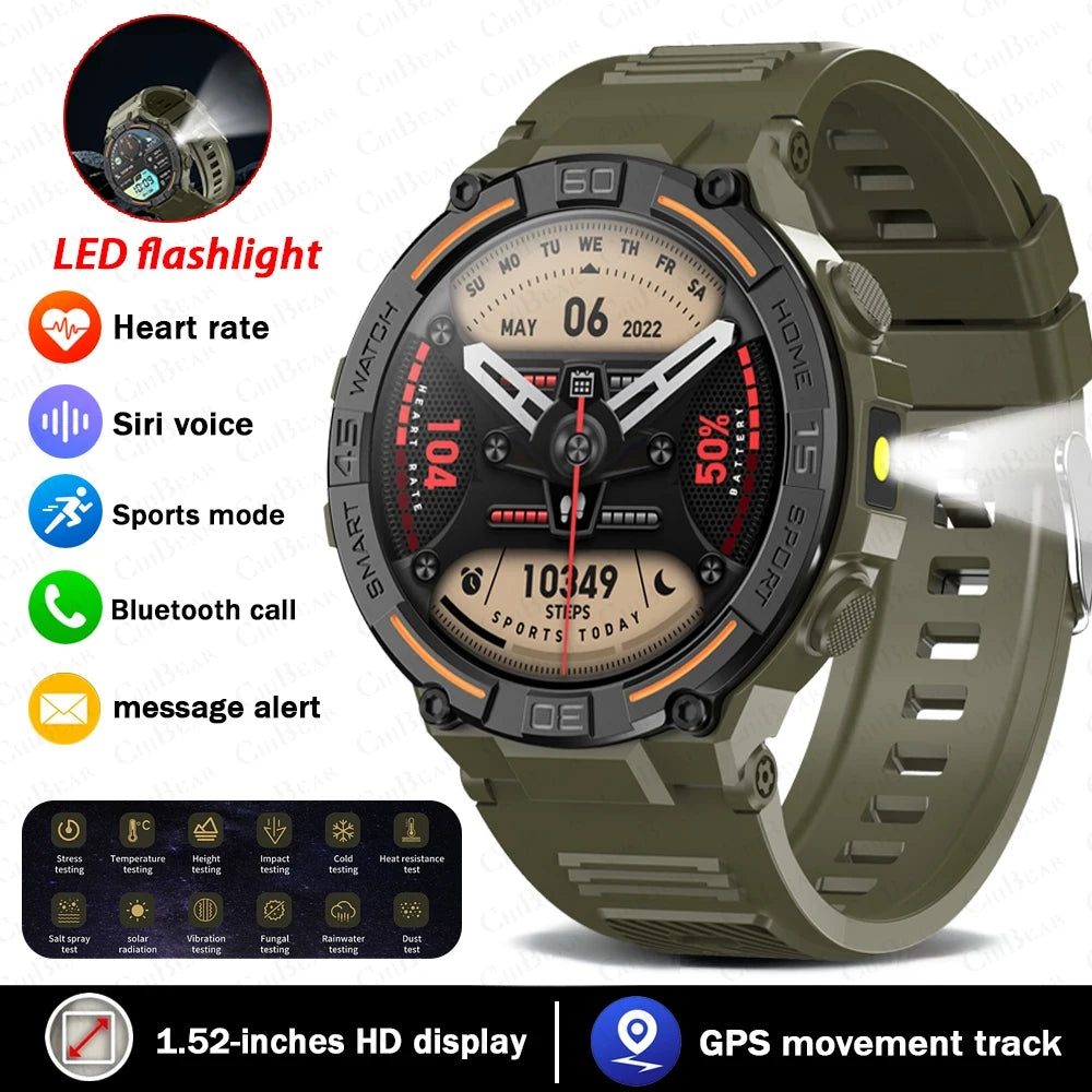 Outdoor Military Rugged Smartwatch Men Full Screen Touch 24 Hours Heart Rate 100+ Sports Mode Bluetooth Call Smartwatch