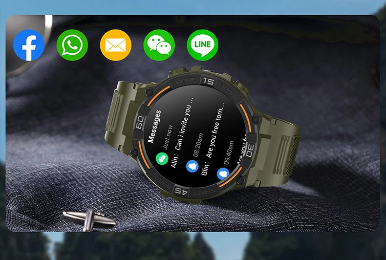 Outdoor Military Rugged Smartwatch Men Full Screen Touch 24 Hours Heart Rate 100+ Sports Mode Bluetooth Call Smartwatch