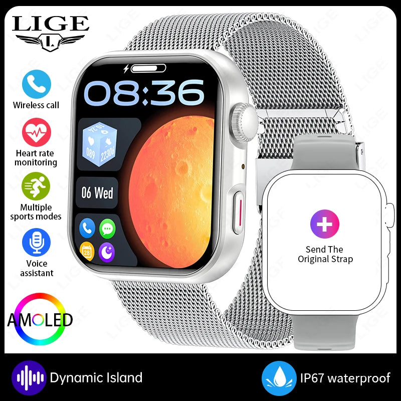 LIGE New Bluetooth Call 1.83" AMOLED Smart Watch For Android IOS Dynamic Island Men Women Sports Fitness Blood Oxygen Smartwatch