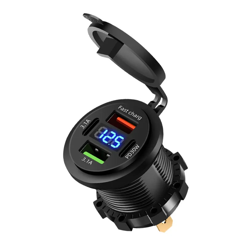 86W 4-Ports USB Charger with LED Voltmeter Dual PD & Dual QC3.0 Fast Charging Adapter Waterproof For 12/24V Car Boat Motorcycle