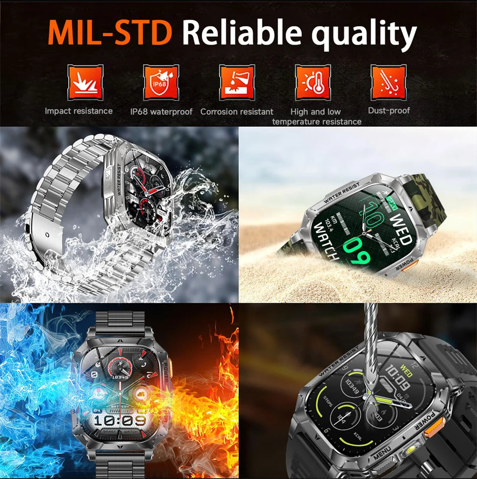 Rugged Military 1400mAh Battery Smart Watch Fitness Tracking IP68 Waterproof Tactical Sports Flashlight 2026 New Men Smartwatch