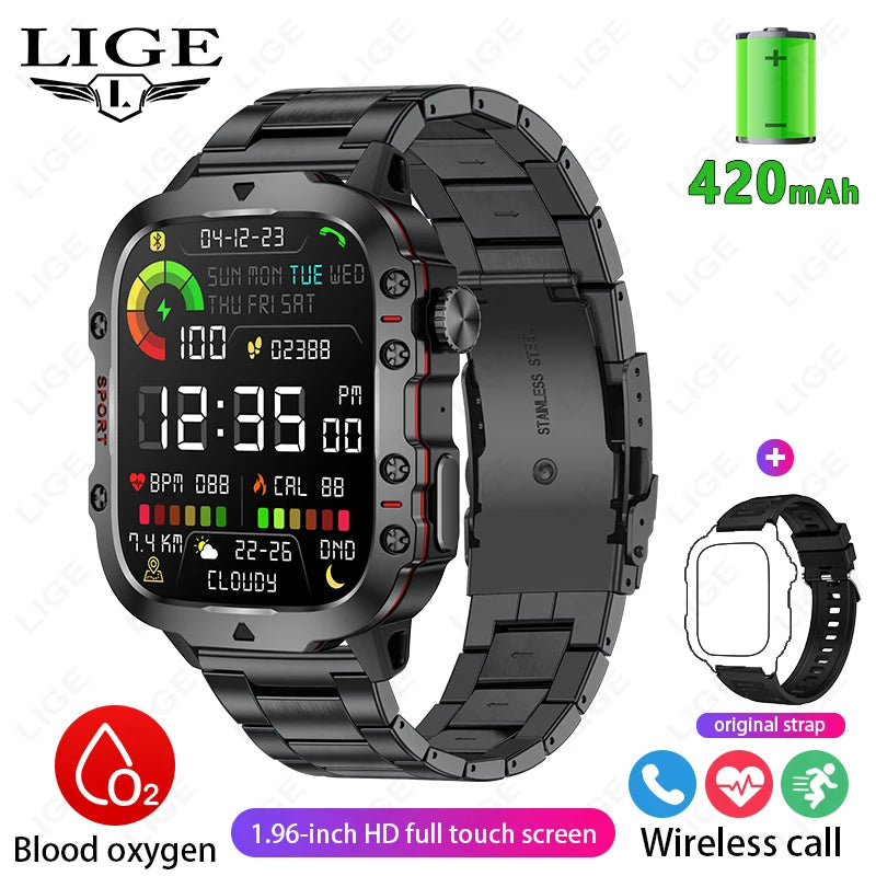 LIGE Military Smart Watch Men Outdoor Sports 3ATM Waterproof  Blood Oxygen Bluetooth Call Watches Men Smartwatch For Android New