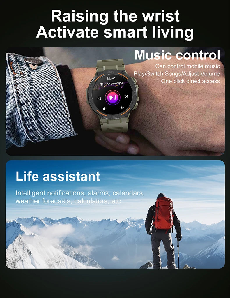 Outdoor Military Rugged Smartwatch Men Full Screen Touch 24 Hours Heart Rate 100+ Sports Mode Bluetooth Call Smartwatch