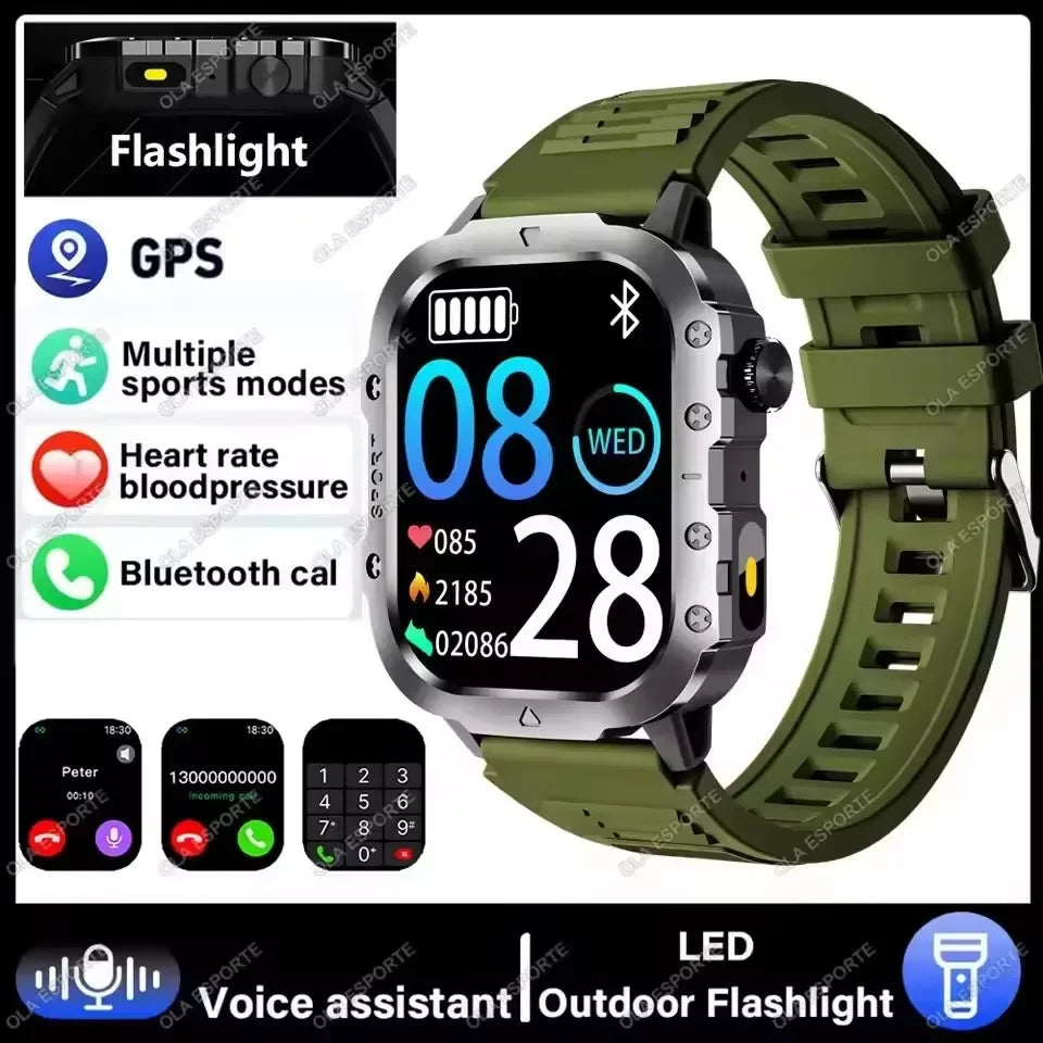 Military Smart Watch Men Waterproof Outdoor Sports Tracker LED Flashlight Bluetooth Call Men Smartwatch For Android iOS