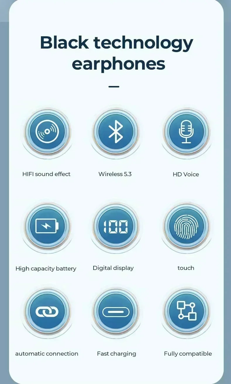Wireless Earphone Noise Reduction Bluetooth LDE Power Display Earbuds in-Ear Headsets with Mic Touch Control for Phones