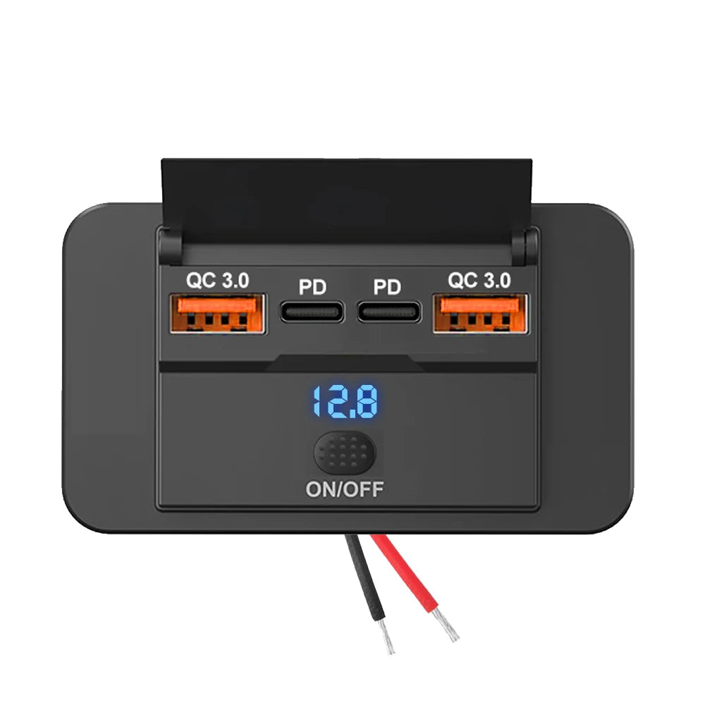 Dual PD Dual QC 3.0 USB Car Charger 12V RV USB Outlet Panel 108W Fast Charge Socket with Switch & Voltmeter for Boat Motorcycle