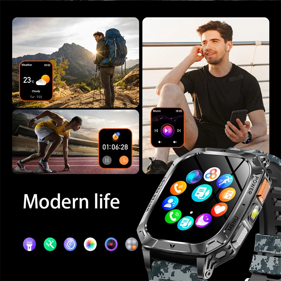 Rugged Military 1400mAh Battery Smart Watch Fitness Tracking IP68 Waterproof Tactical Sports Flashlight 2026 New Men Smartwatch