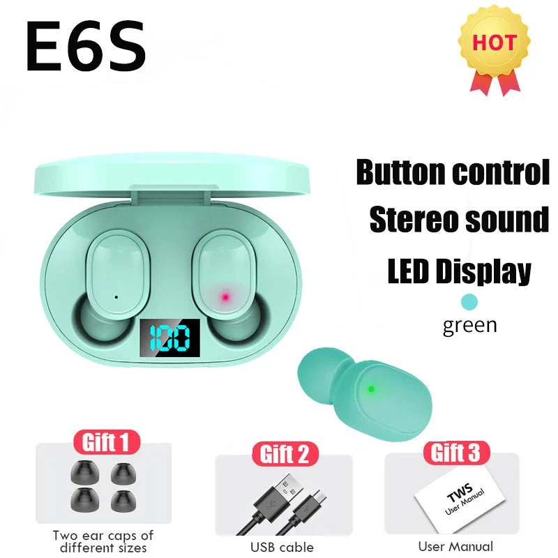 Wireless Bluetooth Earphones for Smartphones E6S TWS Digital Display Noise Cancelling Earbuds with Mic HiFi Stereo Sound Headset