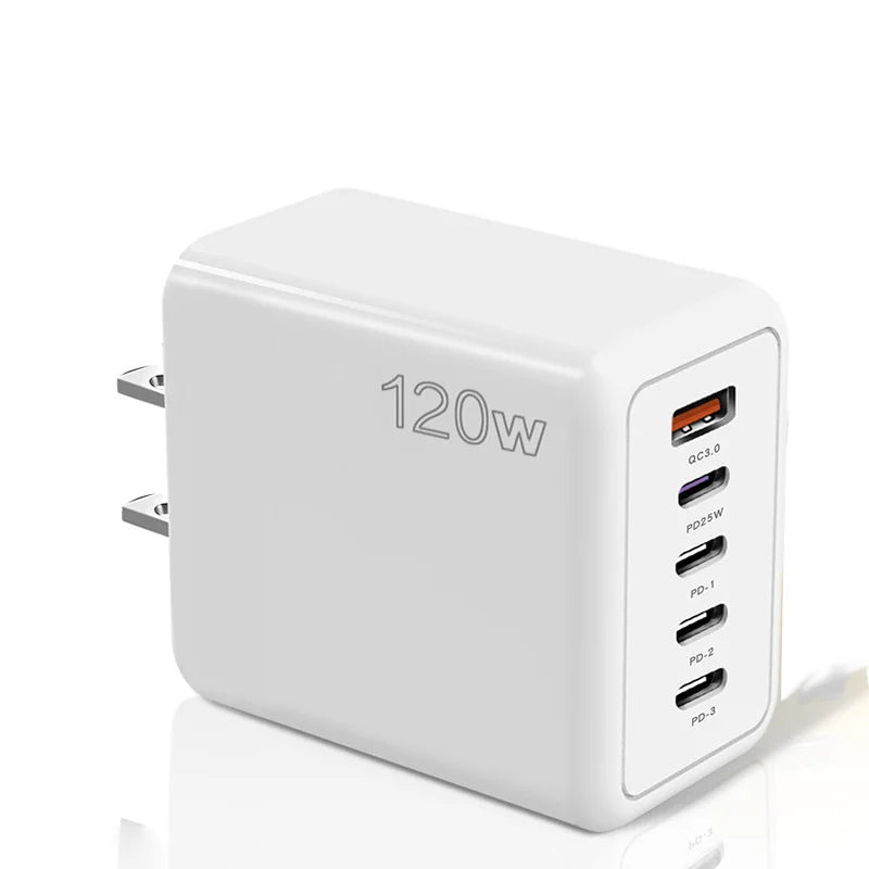 120W PD USB Multi-Port Charger 4 PD Ports 1 USB Port Fast Charging Adapter for iOS and Android Phones with Short Circuit