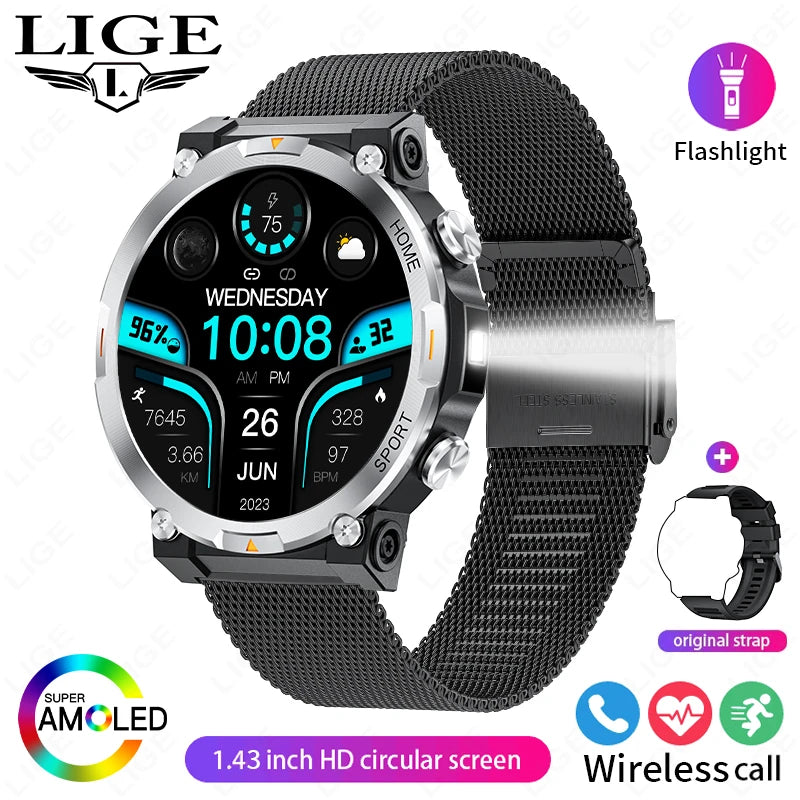 LIGE Smart Watches Men's Rugged Military Bluetooth Call IP68 Waterproof Sports Fitness Outdoor Health Smartwatch For Android IOS