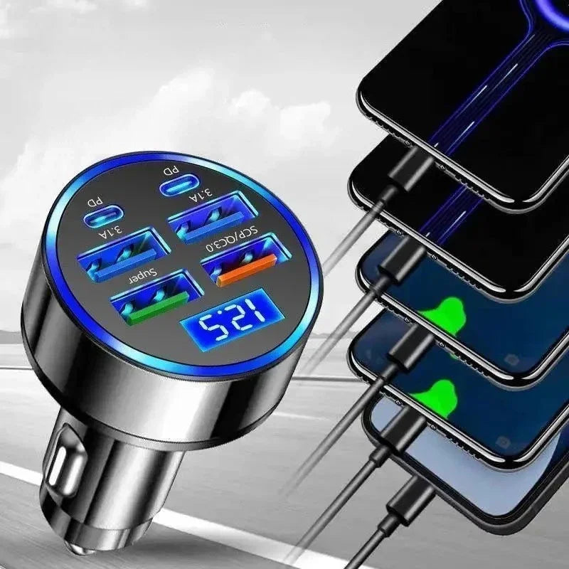 4USB+2PD Fast Charging 300W Car Charger 4 Ports USB Super Charger Type C PD Quick Charge 3.0 Car Charger With Voltage Display