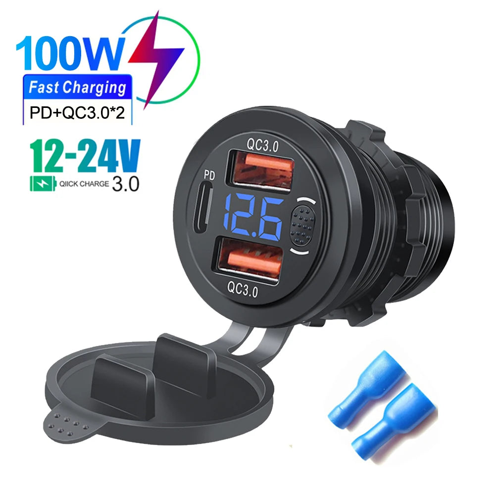 86W 4-Ports USB Charger with LED Voltmeter Dual PD & Dual QC3.0 Fast Charging Adapter Waterproof For 12/24V Car Boat Motorcycle