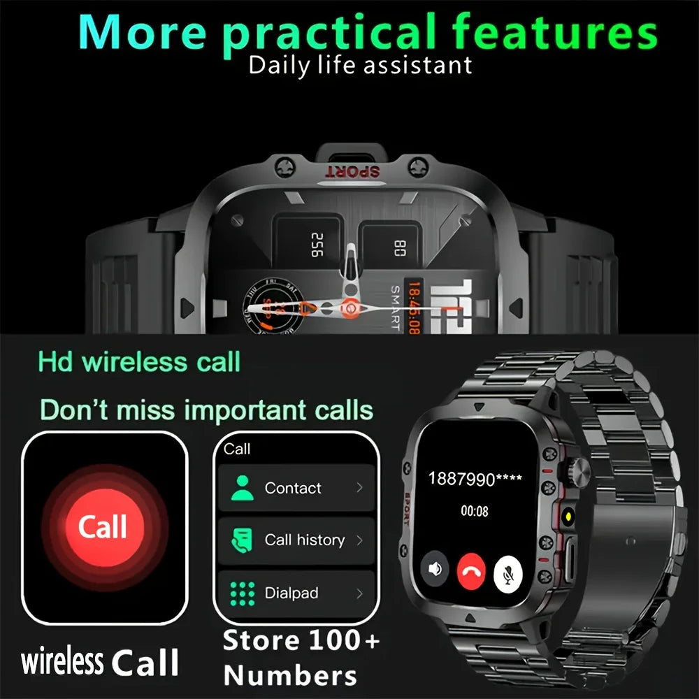 2026 Rugged Military Smart Watch Men's Outdoor Watch LED Flashlight 1.81'' HD Touch Screen Voice Bluetooth Call Smartwatch Gifts
