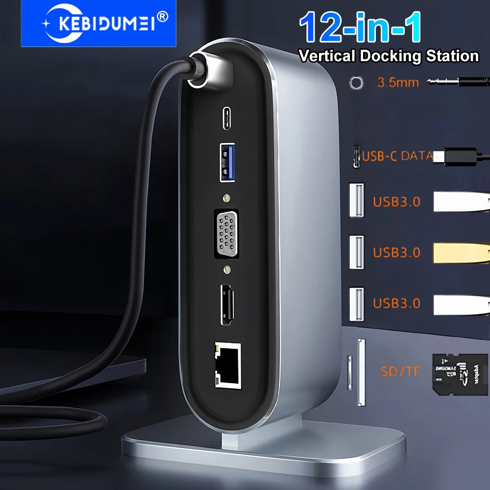 12-in-1 Vertical Docking Station USB C Docking Station TYPE C HUB USB Splitter HDMI 4K/LAN 100M/USB3.0 5Gbps/VGA 1080P/PD100W