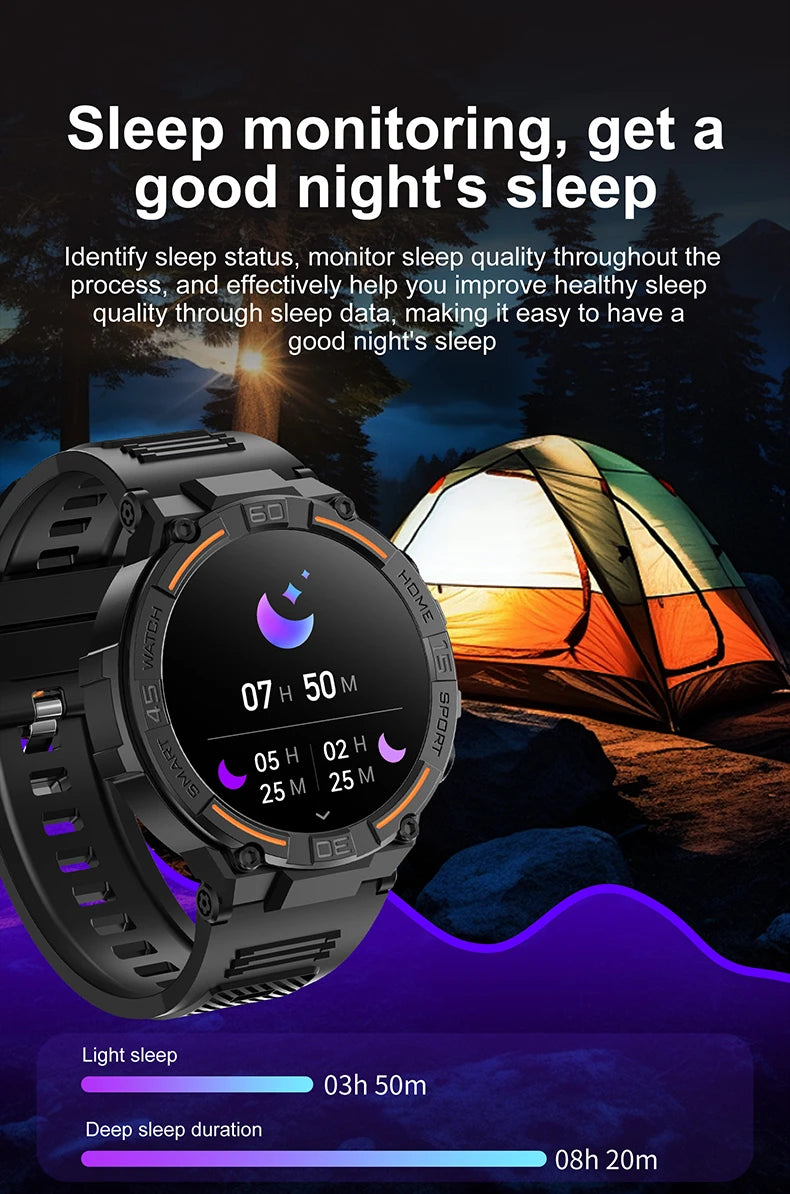 Outdoor Military Rugged Smartwatch Men Full Screen Touch 24 Hours Heart Rate 100+ Sports Mode Bluetooth Call Smartwatch