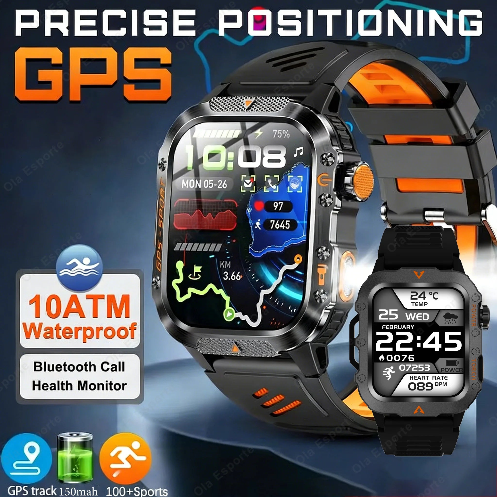 2026 New Military Smart Watch Men IP67 3ATM Waterproof Outdoor Sports Fitness GPS Tracker Health Monitor BT Call Smartwatch LS