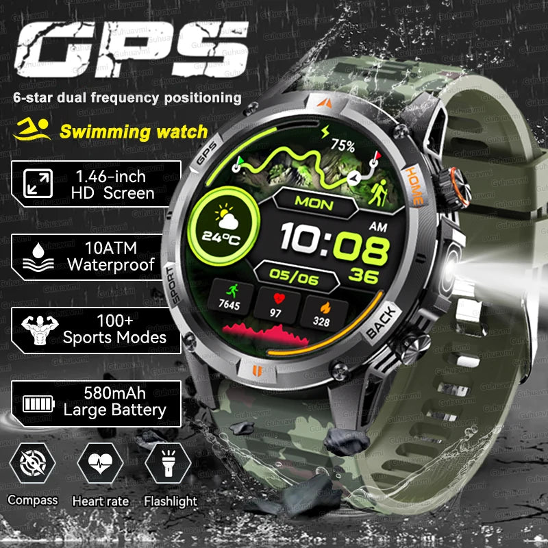 2026 GPS Military Smart Watches Men 10ATM Waterproof Call LED Flashlight 1.46" Rugged Tactical Watch Compass Fitness Smartwatch