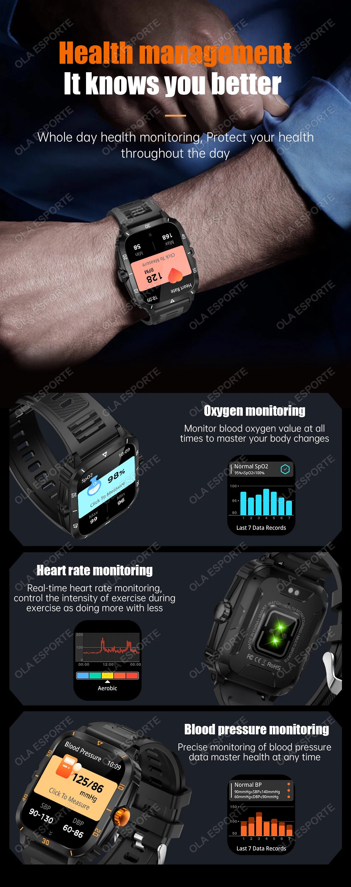 Smart Watch 3ATM Waterproof 1.96" IPS Screen Military KT71 Men 100+ Sport Mode Heart Rate Blood Pressure Bluetooth Call
