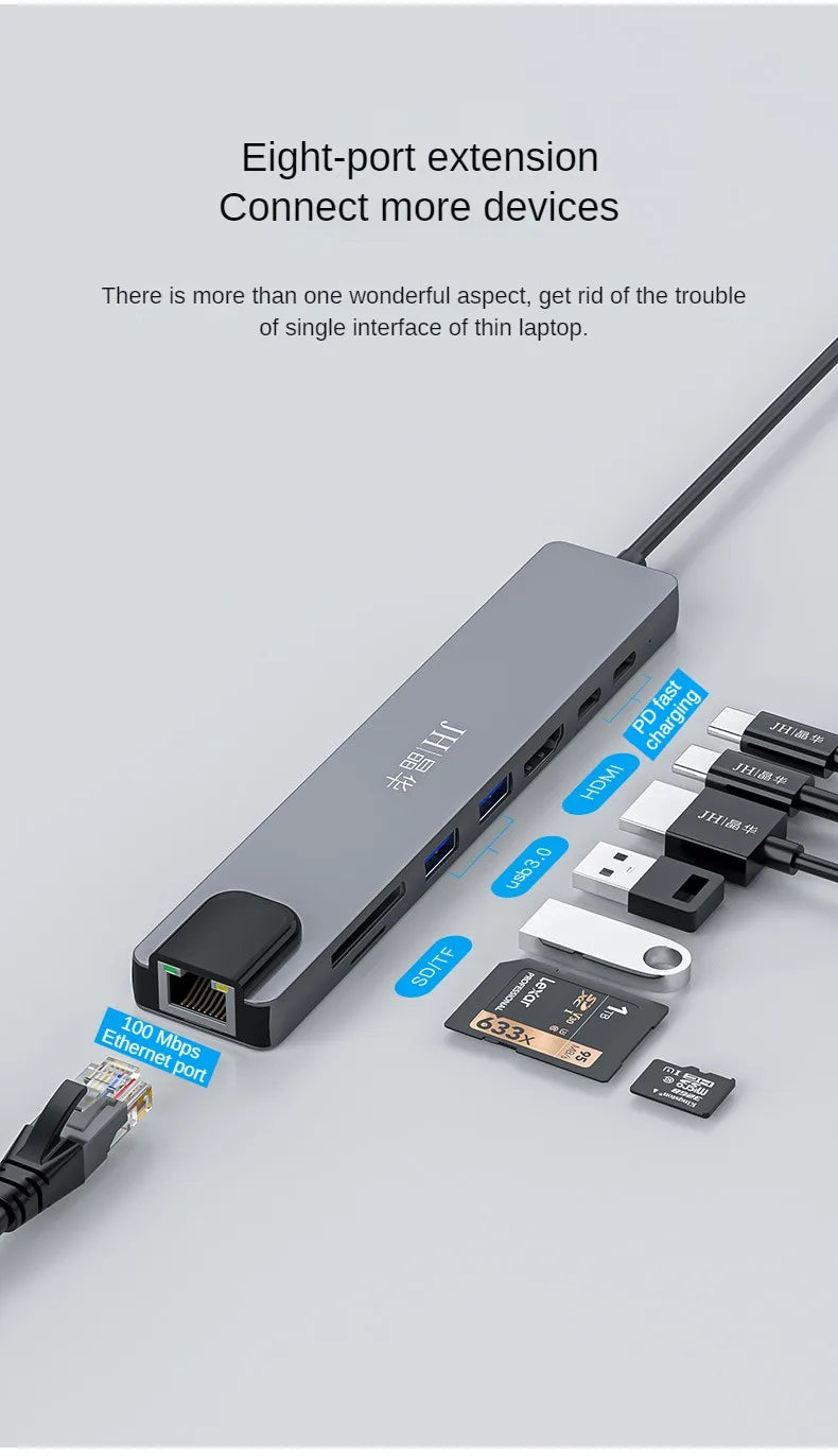 Jinhua 8-in-1 Type-C Docking Station With HDMI 4K, USB 3.0, 100Mbps Ethernet, SD/TF, PD Charging For Laptop