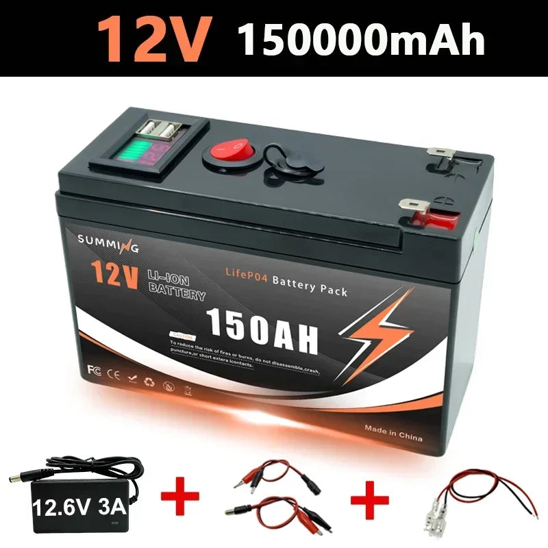LiFePO4 12V 150Ah Lithium Battery 4000+ Deep Cycles, for Power Wheels, Radio, Kayak Fish Finder, Solar Power, Ride on Toys