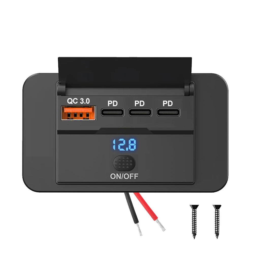 Dual PD Dual QC 3.0 USB Car Charger 12V RV USB Outlet Panel 108W Fast Charge Socket with Switch & Voltmeter for Boat Motorcycle