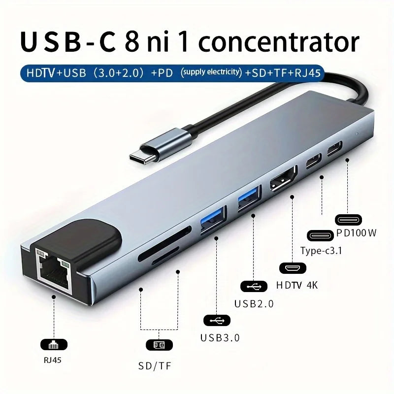 8-In-1 Type C Docking Station, Featuring a USB C Hub with RJ45 And PD Ports